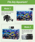 Automatic Fish Feeder For Home Tank Programmable Timer Setup showing installation modes for rimless and framed aquariums.