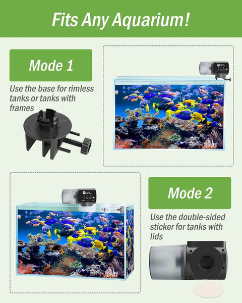 Automatic Fish Feeder For Home Tank Programmable Timer Setup showing installation modes for rimless and framed aquariums.