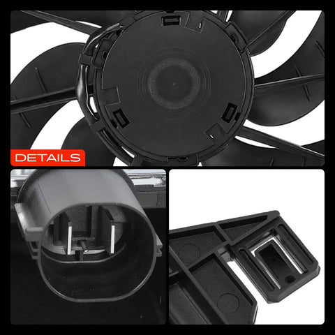 Heavy Duty Engine Radiator Cooling Fan Assembly With Brushless Motor Shroud Drop In Replacement For Ford Focus Ev And 2.0L L4 close-up of fan blades and connector details.