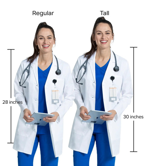 Women's 28 Inch Lab Coat With Notched Lapels, Back Princess Seams, Three Button Front Closure, White Medical Coat For Clinics