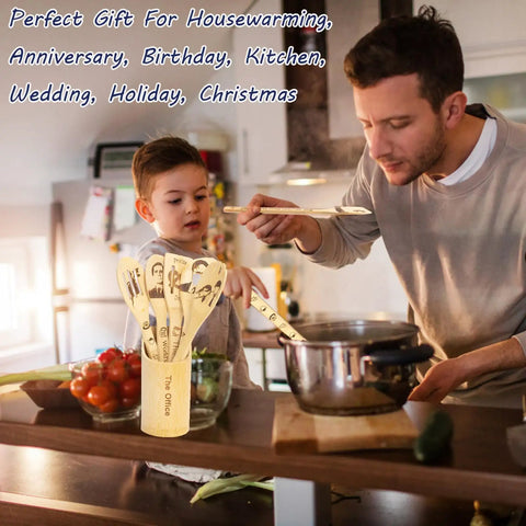 Father and son cooking with TV Show Themed Wooden Spoons Set With Holder, 6 Piece Kitchen Utensils For Cooking And Serving, Nonstick Safe.