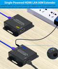 Single-Powered HDMI LAN 60M Extender shown connected to power and HDMI cables, for 1080p video over ethernet.