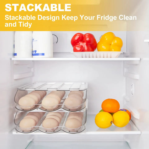 Two Layer Stackable Egg Organizer For Refrigerator Holds 36 Eggs In Clear Plastic Trays With Auto Roll Sloped Design