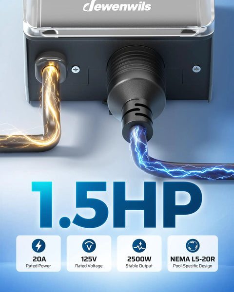 Smart WiFi Pool Timer With No Sweat Plug And Play Design Effortless Phone App Control For Heavy Duty 20 Amp Pool Pumps And Outdoor Yard Automation Nema L5 To 20R Outlet Adapter close-up showing power connections and specifications.