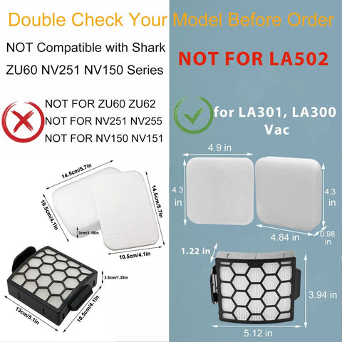 Two Pack Vacuum Filter Kit With Six Foam And Felt Filters For Shark UV850 LA301 LA300 Rotator Lift Away Upright Vacuum Replacement Parts XHF320 And XFFK320 Easy To Swap shown with dimensions and compatibility guidance.