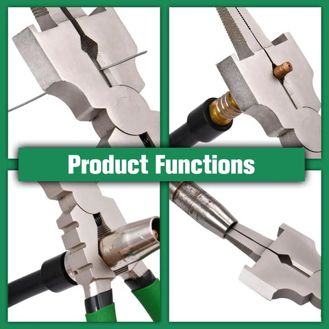 8 Inch MIG Welding Pliers With Nozzle Cleaner showcasing multifunctional use, wire cutting, and mounting/dismounting capabilities.