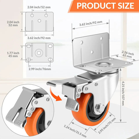 Rock Solid Heavy Duty 3 Inch L Shaped Casters Set Of 4 With Double Lock Brakes Smooth Rolling Swivel Wheels close-up of size details and locking mechanism
