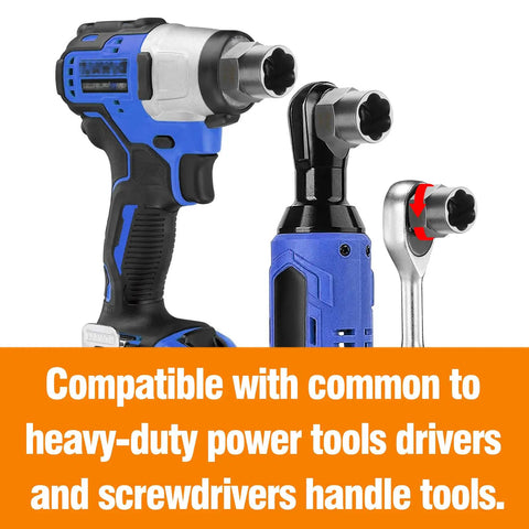 Bolt Extractor Set for Stripped Nuts, 3/8 Inch Square Drive, shown with power tools and screwdrivers, heavy duty 41Cr4 steel.