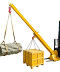 Heavy Duty Forklift Jib Boom Crane Attachment 4400 Lbs Capacity Manual Telescoping Boom with dual hooks lifting heavy loads.