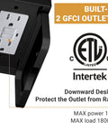 Close-up of black wall light with built-in 2 GFCI outlets, showing ETL certification, text highlights Two Pack Outdoor Porch Light With GFCI Outlets, Dusk To Dawn Motion Sensor, Three Lighting Modes, Wall Mount Exterior Lights For House Garage Front Door Patio, Dual Outlets Fit 2-Prong And 3-Prong Plugs