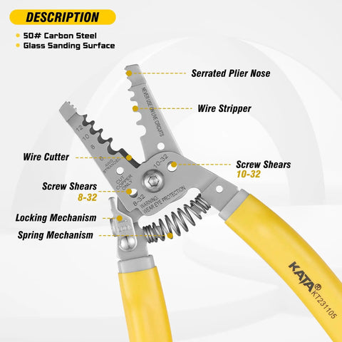 7 Inch Wire Stripper And Cutter Tool For 6 To 12 AWG Stranded Wire Crimping Pliers For 8 32 And 10 32 Screws with features labeled