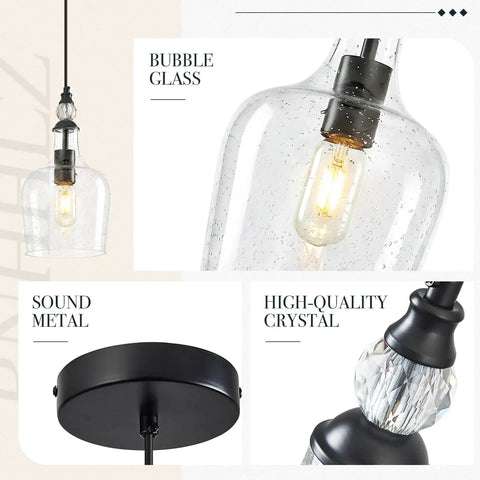 BNHHLZ Seeded Glass Pendant Light for Kitchen Island, Matte Black Teardrop Hanging Light Fixture showcasing bubble glass and sound metal.