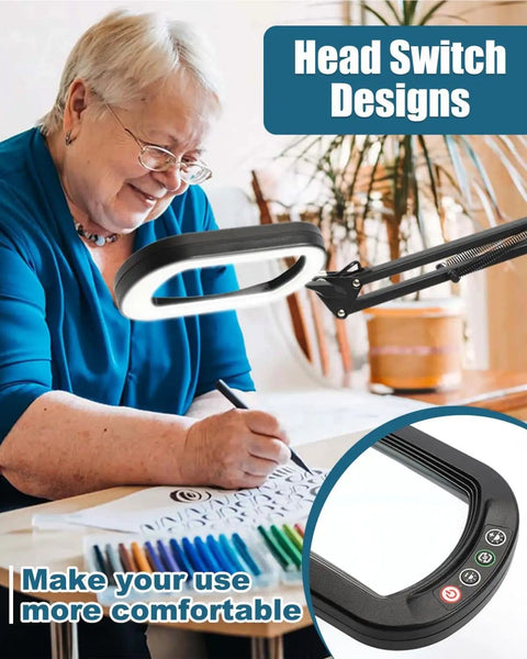 Senior woman using 12X Rectangular Magnifier With Light And Stand Large 2 By 16 Inch Swivel Arm LED Desk Lamp Magnifier For Reading