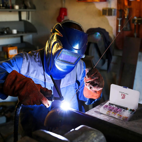Welder using 43 Piece TIG Welding Torch Accessories Kit With Stubby Gas Lens And Size 10 Glass Cups For WP 9, WP 20, And WP 25 Welders