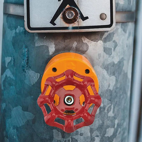 No Fuss Cast Iron Faucet Handle With Bold Red Wheel Grip on a valve, featuring a 5X5mm square stem and a durable rust-resistant coating.