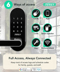 Plug And Play Built In Wifi Smart Door Lock Handle features access options like codes, app, cards, smart speakers, and key.