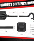 Product specifications of Adjustable 6 To 10 Inch Cabin Hook Eye Latch Gate With Heavy Duty 4 Point Bracket showing dimensions and screws
