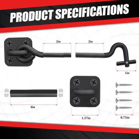 Product specifications of Adjustable 6 To 10 Inch Cabin Hook Eye Latch Gate With Heavy Duty 4 Point Bracket showing dimensions and screws