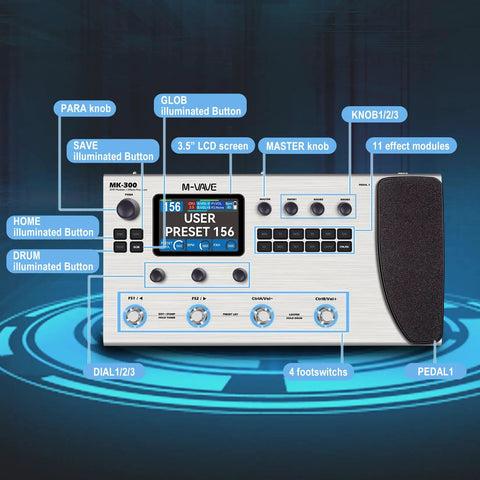 MK-300 Guitar And Bass Amp Modeler With 320 Plus Effects 160 Presets Looper Drum Machine USB And Bluetooth 10 Hour Battery