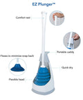 Top Shelf Toilet Plunger With No Drip Carrying Caddy And Suction Lock Seal That Kicks Gnarly Drain Clogs Swift While Preserving Your Restroom From Messy Splash Back During Routine Home Care Tasks in blue and white with comfort handle.
