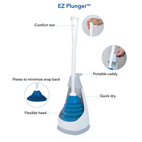 Top Shelf Toilet Plunger With No Drip Carrying Caddy And Suction Lock Seal That Kicks Gnarly Drain Clogs Swift While Preserving Your Restroom From Messy Splash Back During Routine Home Care Tasks in blue and white with comfort handle.