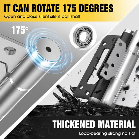 Close-up view showing 5 Pack Non-Mortise Door Hinges With Automatic Closing, Spring Hinge, Hydraulic Buffer, silver color, 175° rotating feature.