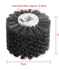 Phefop Abrasive Wire Burnishing Polishing Wheel 320 Grit For Wood Drawing Machine Polishing Curved Surfaces Alkali Anti Rust High Density Build that measures 12cm in diameter and 10cm tall.