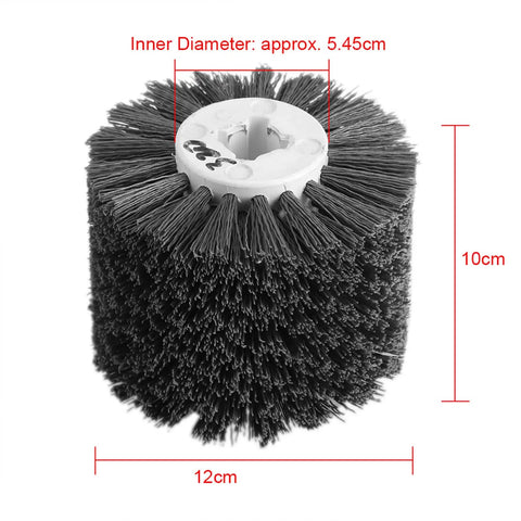 Phefop Abrasive Wire Burnishing Polishing Wheel 320 Grit For Wood Drawing Machine Polishing Curved Surfaces Alkali Anti Rust High Density Build that measures 12cm in diameter and 10cm tall.