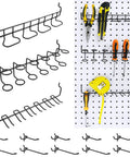 Sixteen Piece Pegboard Hook Set That Fits One Eighth And One Quarter Inch Boards With A Two Prong Grab Design, installed with tools on pegboard