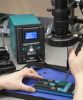 Pro Grade Hot Air Rework Station with tiltable display used for micro soldering and SMD repair, showing precise temperature control.