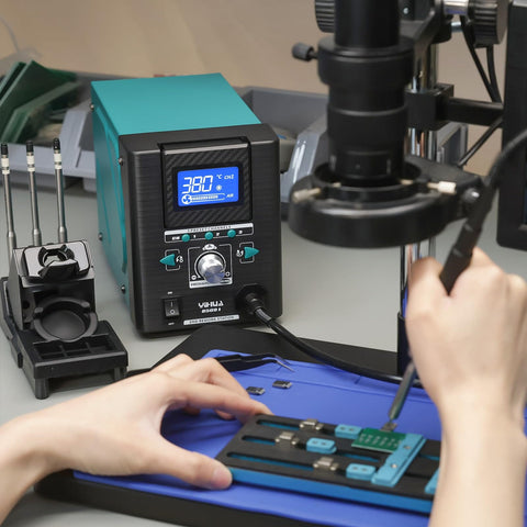Pro Grade Hot Air Rework Station with tiltable display used for micro soldering and SMD repair, showing precise temperature control.
