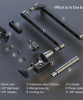 Exploded view of Badass Low Profile Microphone Boom Arm Stand For Gaming Streaming Podcasting parts, including boom arm and attachments.