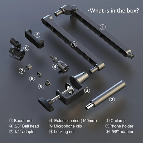 Exploded view of Badass Low Profile Microphone Boom Arm Stand For Gaming Streaming Podcasting parts, including boom arm and attachments.
