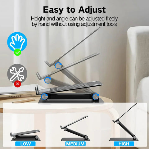 Adjustable Laptop Stand For Desk With Foldable Metal Riser And Portable Ventilated Cooling Holder showcasing height options