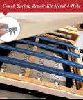 Heavy Duty Couch Spring Clips Furniture Upholstery Repair Kit includes Eighty Sturdy Screws, showing metal clips on a sofa frame.