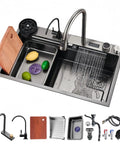 Stainless steel kitchen sink 76 x 50 cm 360° swivel faucet black cutting board included with lemons and limes.