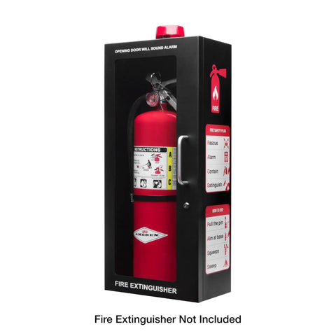 Heavy Duty Fire Extinguisher Cabinet With Alarm And Secure Lock Featuring Clear Breakable Acrylic Window for 5 or 10 lb models in matte black.