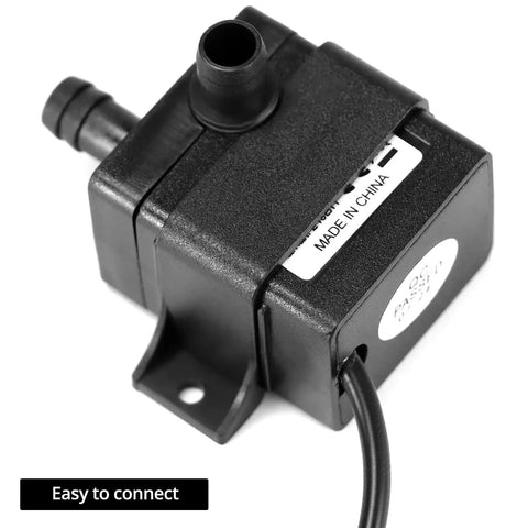 Close-up of 12V DC Submersible Water Pump with Brushless Motor, showcasing durable black casing, easy-connect feature, and waterproof design