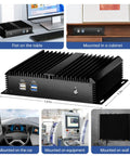 Rugged Fanless Industrial Mini Pc Desktop With Intel Core I5 4200U, 8Gb Ram, 128Gb Ssd, And Windows 10 Pro flat on a table and mounted in a cabinet.