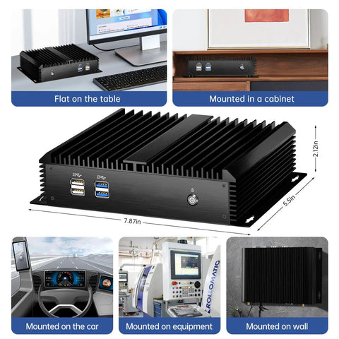 Rugged Fanless Industrial Mini Pc Desktop With Intel Core I5 4200U, 8Gb Ram, 128Gb Ssd, And Windows 10 Pro flat on a table and mounted in a cabinet.