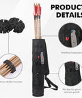 Lightweight Back Archery Quiver With Foldable Compact Hip Bag showing knife clip, arrow dividers, and mesh pocket for hunting.