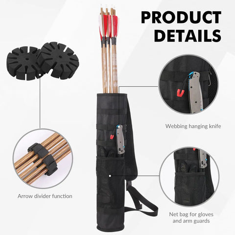 Lightweight Back Archery Quiver With Foldable Compact Hip Bag showing knife clip, arrow dividers, and mesh pocket for hunting.