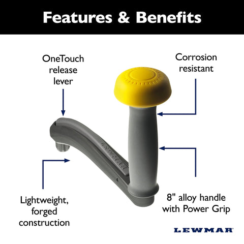 Lewmar 8" aluminum winch handle with yellow PowerGrip knob and one-touch release lever; gray forged body