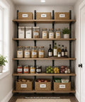 Pantry shelves with jars and baskets supported by Ten Pack 5 Inch Adjustable Wire Shelf Brackets For Beefy Heavy Duty Closet And Wall Shelving System