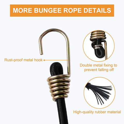 Close-up of Elastic Bungee Cords With Metal Hooks 10 Pack Mini Rubber Straps showing rust-resistant hook and durable material features