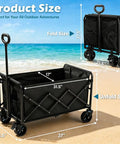 Beast Of A Foldable Wagon Cart With Brakes And All Terrain Wheels, 560 Lbs Capacity on beach showing dimensions and collapsible design