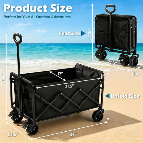 Beast Of A Foldable Wagon Cart With Brakes And All Terrain Wheels, 560 Lbs Capacity on beach showing dimensions and collapsible design