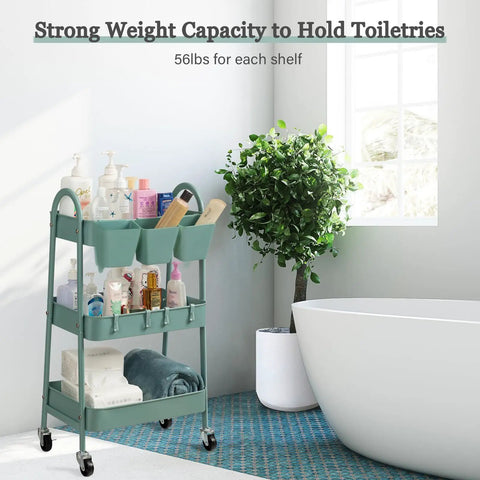 Green 3 Tier Rolling Cart With Lockable Wheels And Hanging Cups, Heavy Duty Metal Utility Cart for bathroom storage near tub