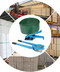 Banding Strapping Kit with Tensioner and Sealer, Steel Cast Aluminum Tool with green packing belt and industrial supplies