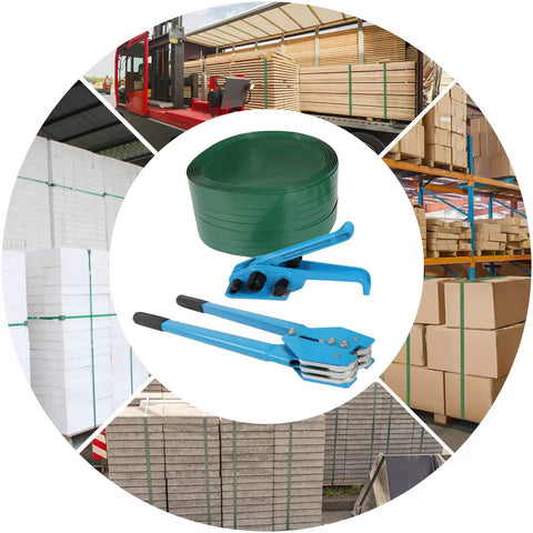 Banding Strapping Kit with Tensioner and Sealer, Steel Cast Aluminum Tool with green packing belt and industrial supplies